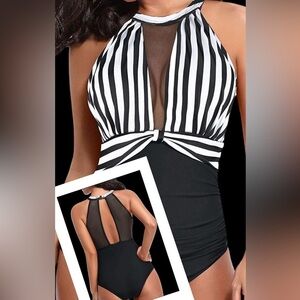 Black White High Neck One Piece Swimsuit